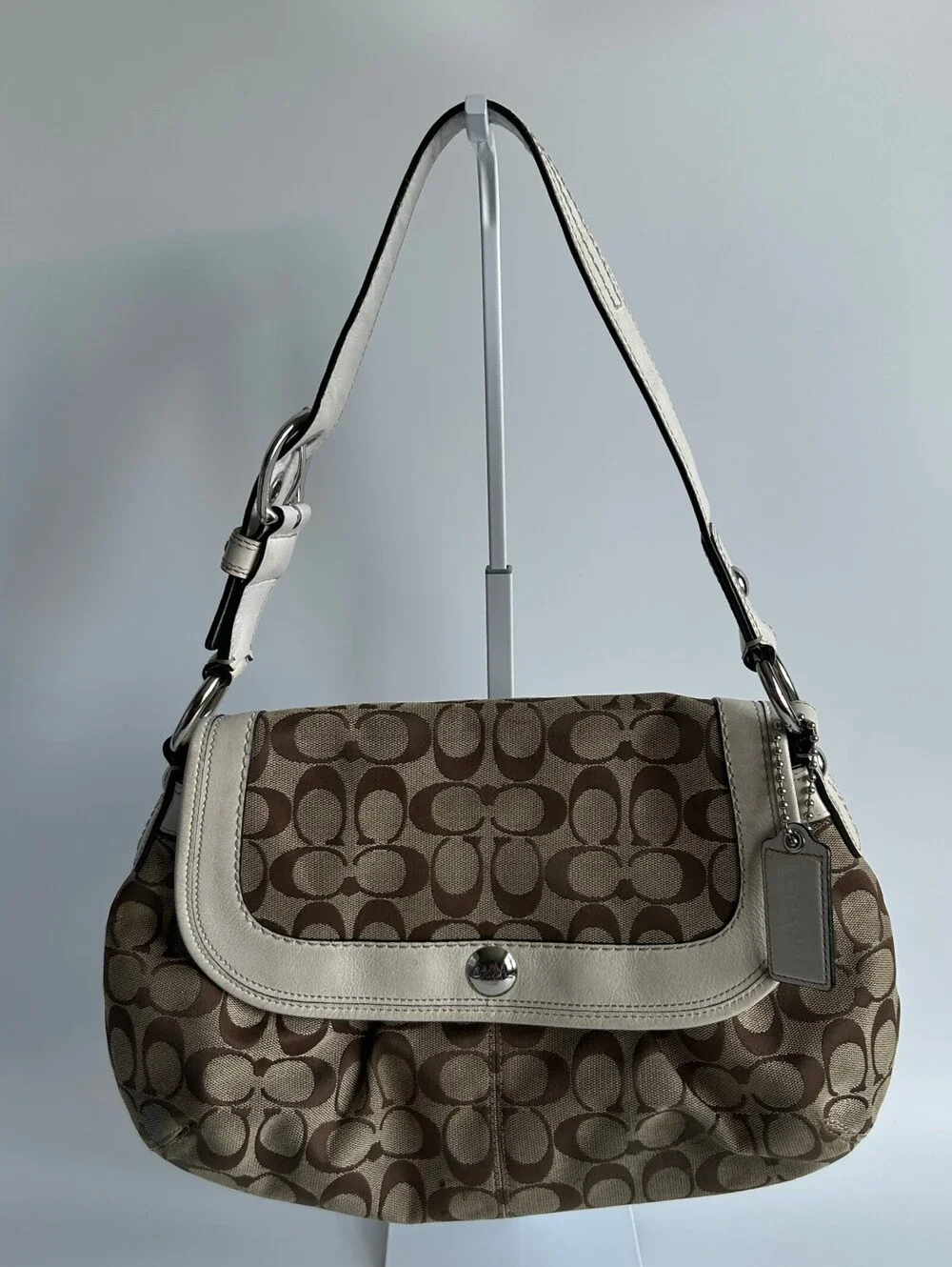 Coach Soho Signature Flap Shoulder Bag Khaki Canvas White Leather Trim